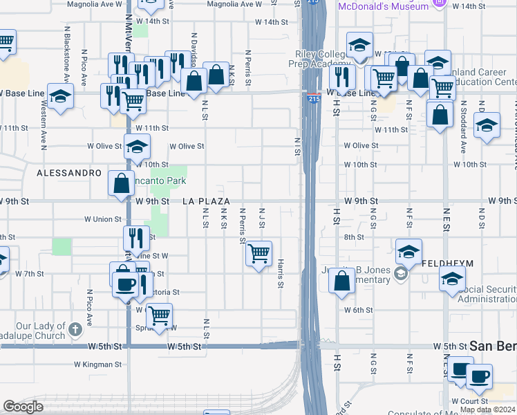 map of restaurants, bars, coffee shops, grocery stores, and more near 1005 West 9th Street in San Bernardino