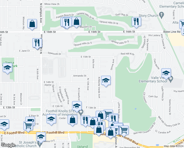map of restaurants, bars, coffee shops, grocery stores, and more near 1431 Alta Avenue in Upland