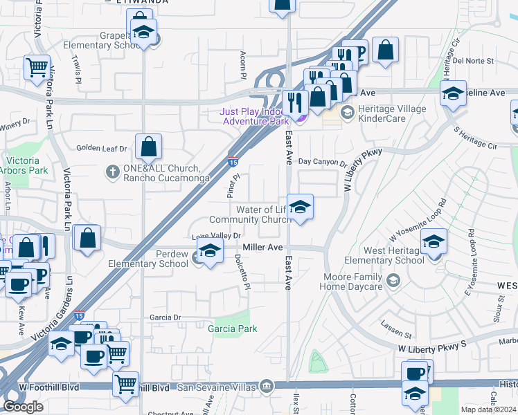 map of restaurants, bars, coffee shops, grocery stores, and more near 13215 River Oaks Drive in Rancho Cucamonga