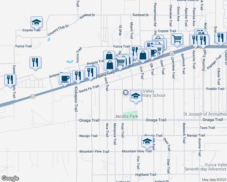 map of restaurants, bars, coffee shops, grocery stores, and more near 55541 Pueblo Trail in Yucca Valley