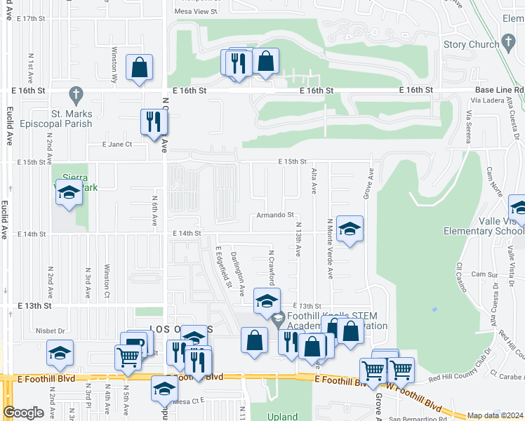 map of restaurants, bars, coffee shops, grocery stores, and more near 1205 Armando Street in Upland