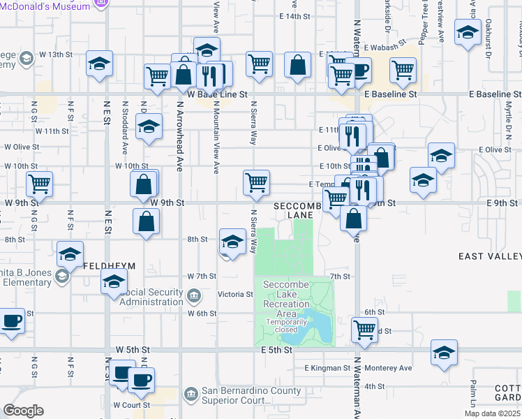 map of restaurants, bars, coffee shops, grocery stores, and more near 119 East 9th Street in San Bernardino