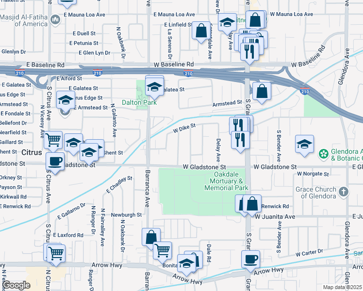 map of restaurants, bars, coffee shops, grocery stores, and more near 1308 South Prospero Drive in Glendora