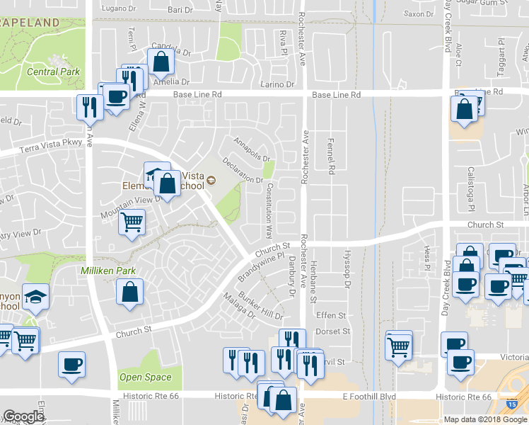 map of restaurants, bars, coffee shops, grocery stores, and more near 7621 Waterbury Place in Rancho Cucamonga
