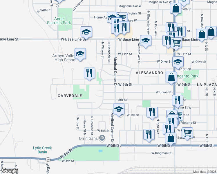 map of restaurants, bars, coffee shops, grocery stores, and more near 1677 West 9th Street in San Bernardino