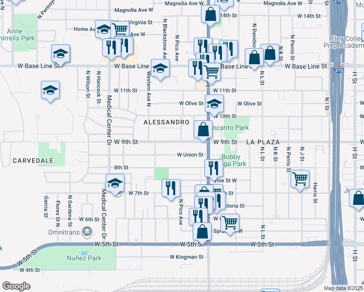 map of restaurants, bars, coffee shops, grocery stores, and more near 1406 West 9th Street in San Bernardino