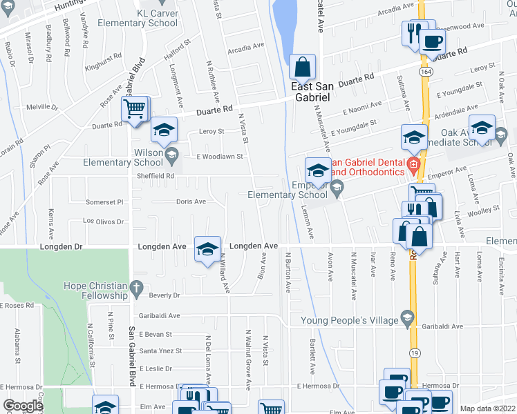 map of restaurants, bars, coffee shops, grocery stores, and more near North Vista Street in San Gabriel