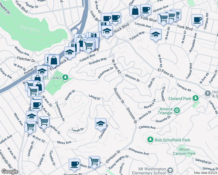 map of restaurants, bars, coffee shops, grocery stores, and more near 3919 Barryknoll Drive in Los Angeles