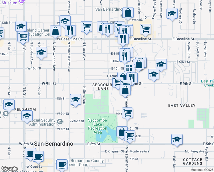 map of restaurants, bars, coffee shops, grocery stores, and more near 223 East 9th Street in San Bernardino