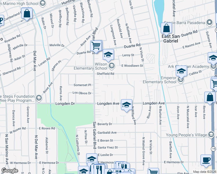 map of restaurants, bars, coffee shops, grocery stores, and more near 8258 Doris Avenue in San Gabriel