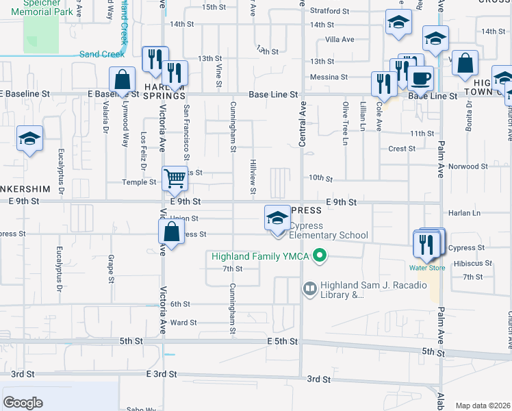 map of restaurants, bars, coffee shops, grocery stores, and more near 7593 Hillview Street in Highland