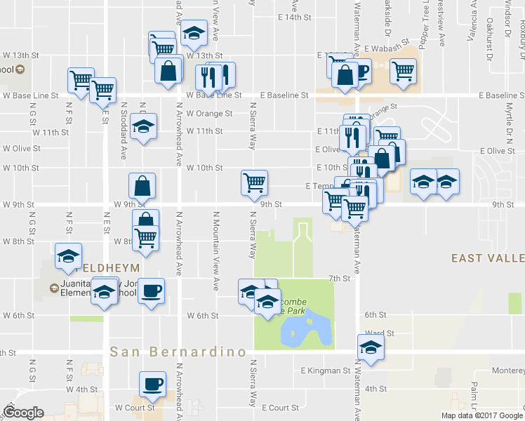 map of restaurants, bars, coffee shops, grocery stores, and more near 119 East 9th Street in San Bernardino