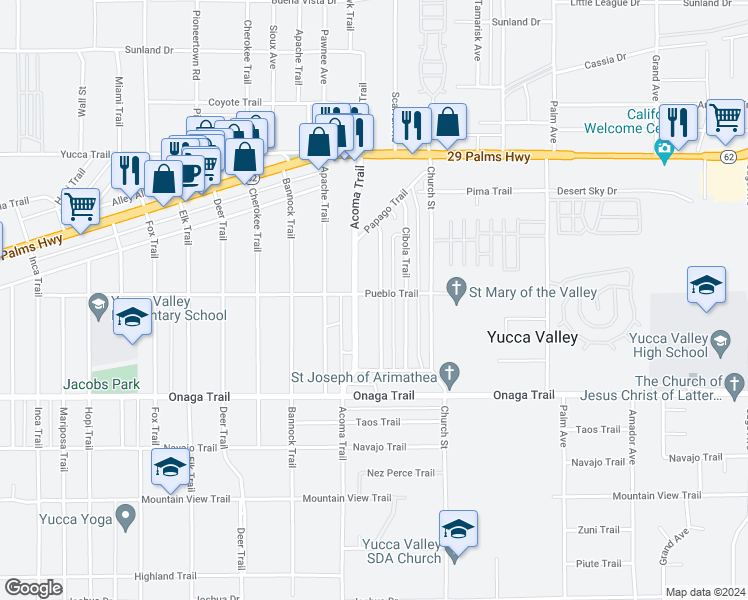 map of restaurants, bars, coffee shops, grocery stores, and more near 56155 Pueblo Trail in Yucca Valley