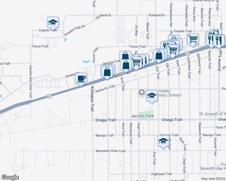 map of restaurants, bars, coffee shops, grocery stores, and more near 55394 Santa Fe Trail in Yucca Valley