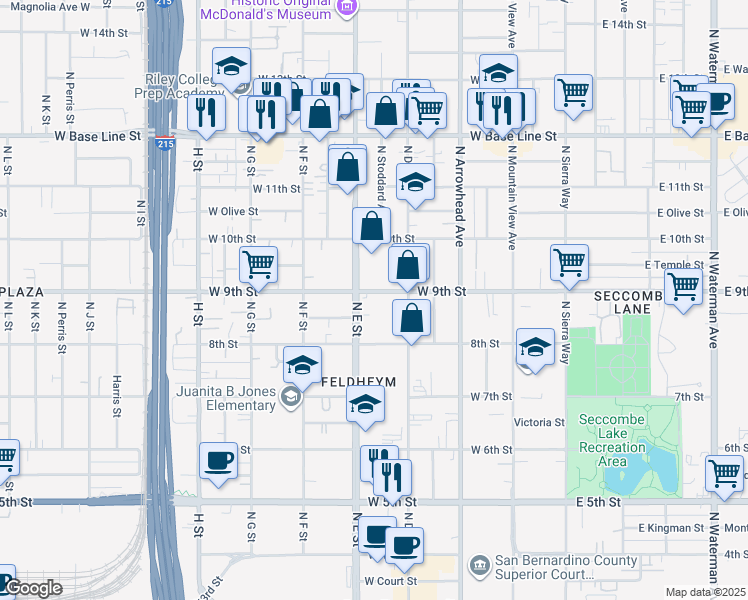map of restaurants, bars, coffee shops, grocery stores, and more near 900 North E Street in San Bernardino