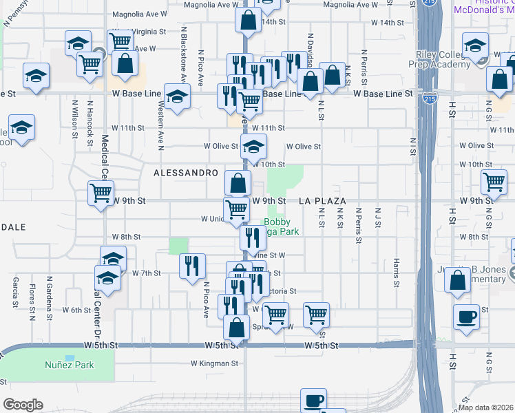 map of restaurants, bars, coffee shops, grocery stores, and more near in San Bernardino