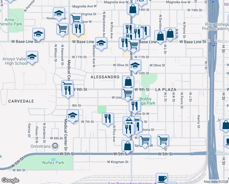 map of restaurants, bars, coffee shops, grocery stores, and more near 1406 West 9th Street in San Bernardino
