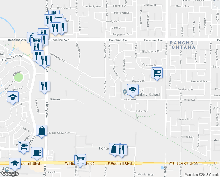 map of restaurants, bars, coffee shops, grocery stores, and more near 14916 Dandelion Court in Fontana