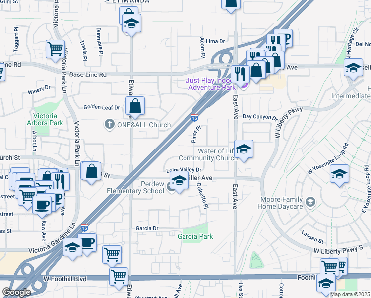 map of restaurants, bars, coffee shops, grocery stores, and more near 13102 River Oaks Drive in Rancho Cucamonga