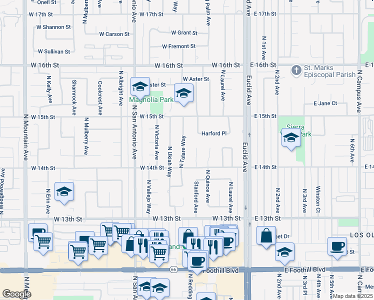 map of restaurants, bars, coffee shops, grocery stores, and more near 1449 North Tulare Way in Upland