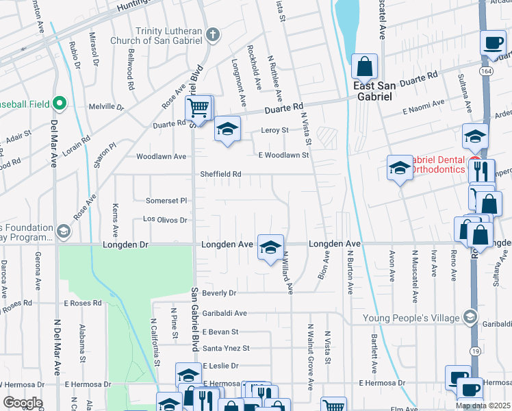 map of restaurants, bars, coffee shops, grocery stores, and more near 8345 Doris Avenue in San Gabriel