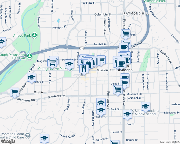 map of restaurants, bars, coffee shops, grocery stores, and more near 1010 Mission Street in South Pasadena