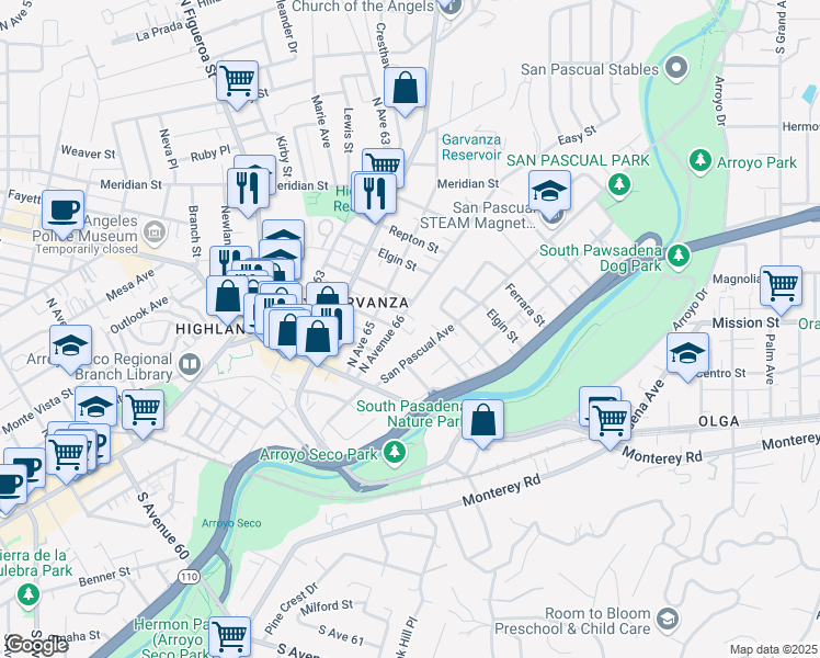 map of restaurants, bars, coffee shops, grocery stores, and more near 322 North Avenue 66 in Los Angeles