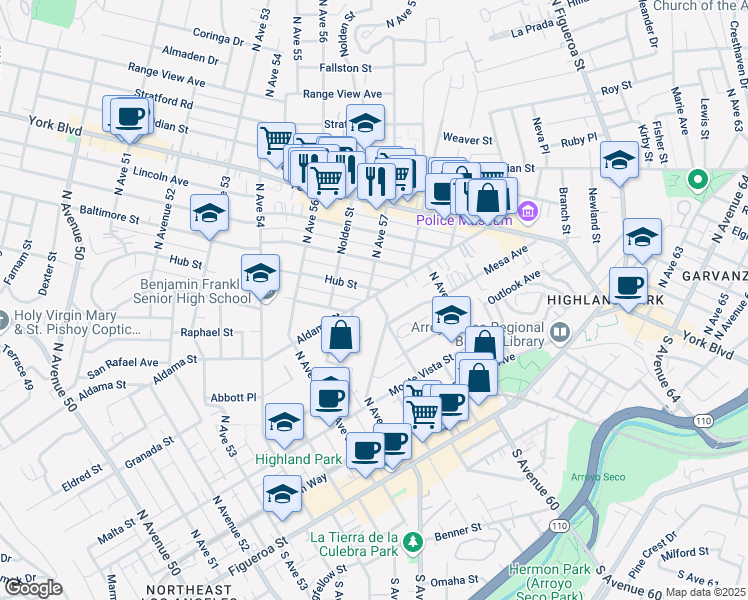 map of restaurants, bars, coffee shops, grocery stores, and more near 5711 Hub Street in Los Angeles