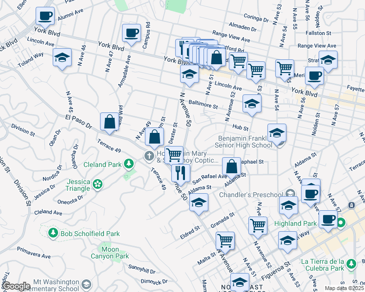map of restaurants, bars, coffee shops, grocery stores, and more near 915 North Avenue 50 in Los Angeles