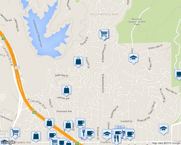 map of restaurants, bars, coffee shops, grocery stores, and more near 2585 Dearborn Drive in Los Angeles