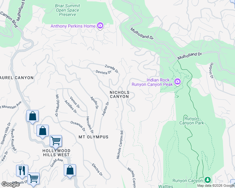 map of restaurants, bars, coffee shops, grocery stores, and more near 7507 Willow Glen Road in Los Angeles