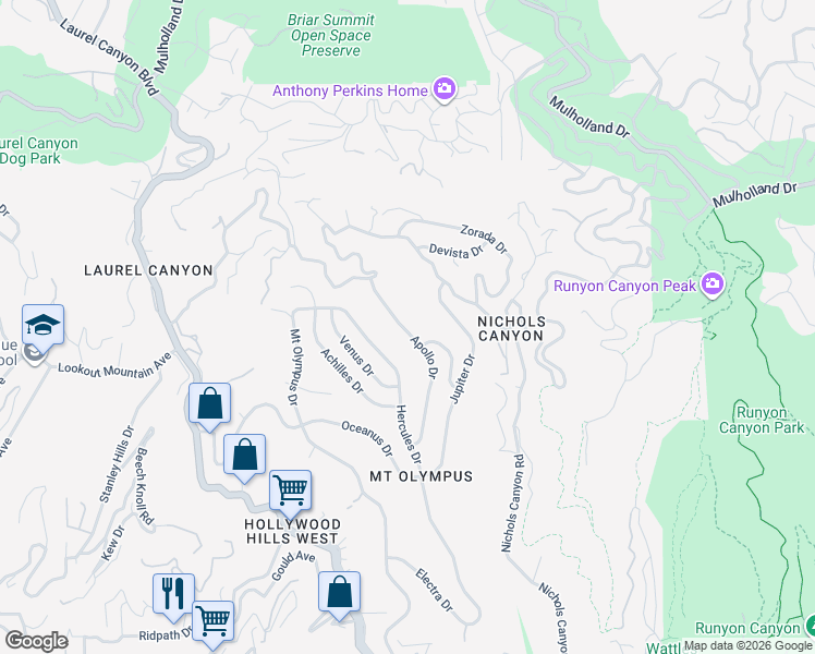 map of restaurants, bars, coffee shops, grocery stores, and more near 2437 Apollo Drive in Los Angeles