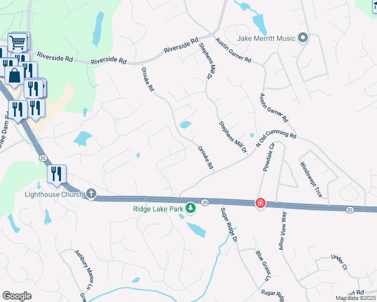 map of restaurants, bars, coffee shops, grocery stores, and more near 779 Avonley Creek Trace in Sugar Hill