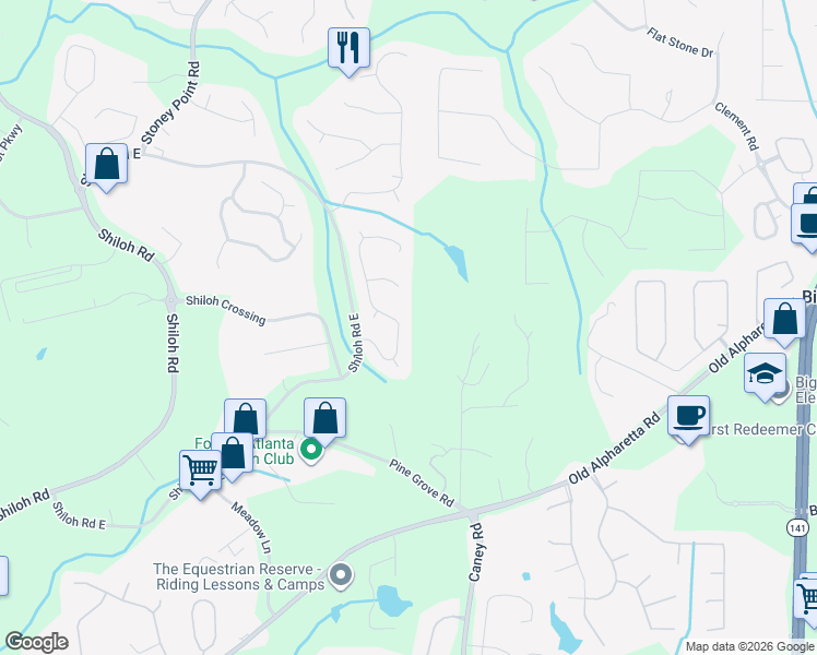 map of restaurants, bars, coffee shops, grocery stores, and more near 6570 Ridgefield Drive in Alpharetta