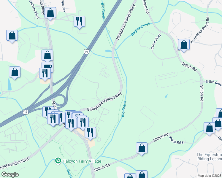 map of restaurants, bars, coffee shops, grocery stores, and more near Big Creek Greenway in Forsyth County