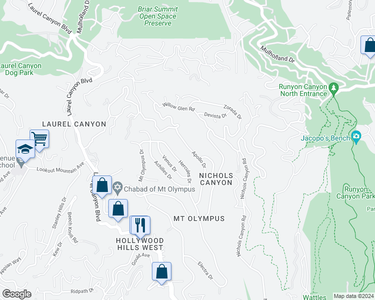 map of restaurants, bars, coffee shops, grocery stores, and more near 2431 Apollo Drive in Los Angeles