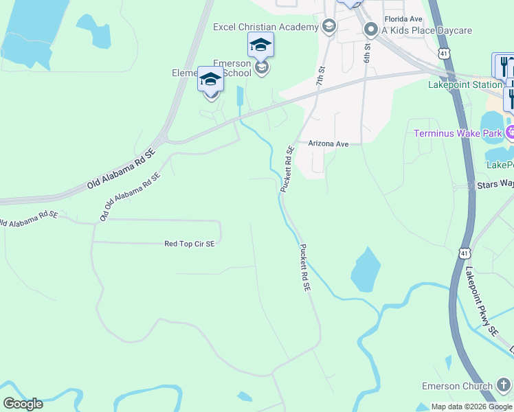 map of restaurants, bars, coffee shops, grocery stores, and more near 140 Puckett Road Southeast in Emerson