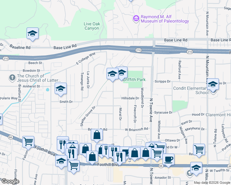 map of restaurants, bars, coffee shops, grocery stores, and more near 1736 Sumner Avenue in Claremont
