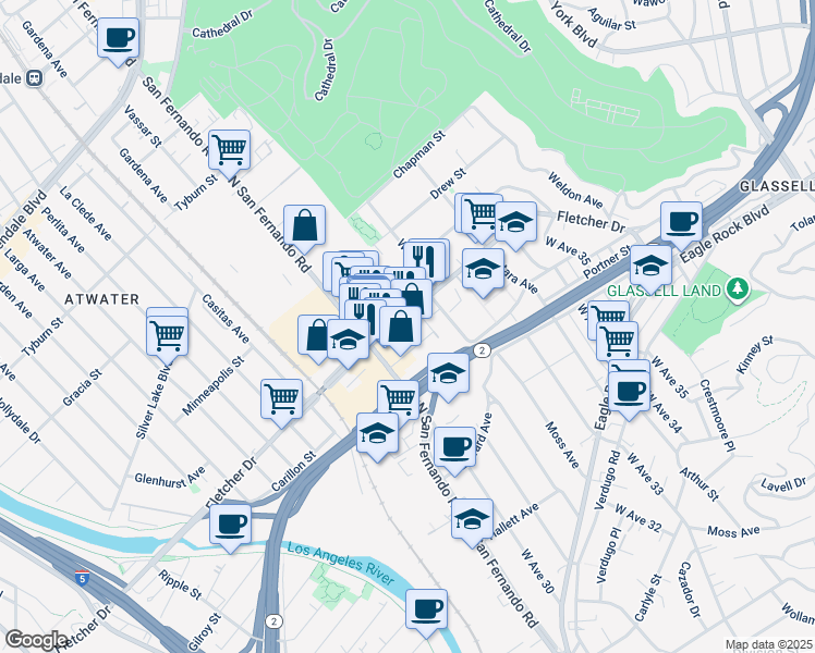 map of restaurants, bars, coffee shops, grocery stores, and more near 3030 Andrita Street in Los Angeles