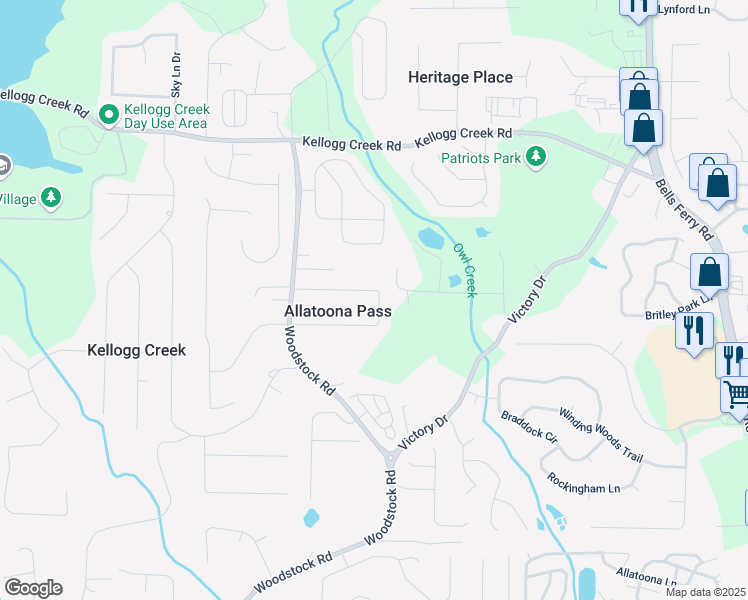 map of restaurants, bars, coffee shops, grocery stores, and more near 1643 Cumberland Trce in Acworth
