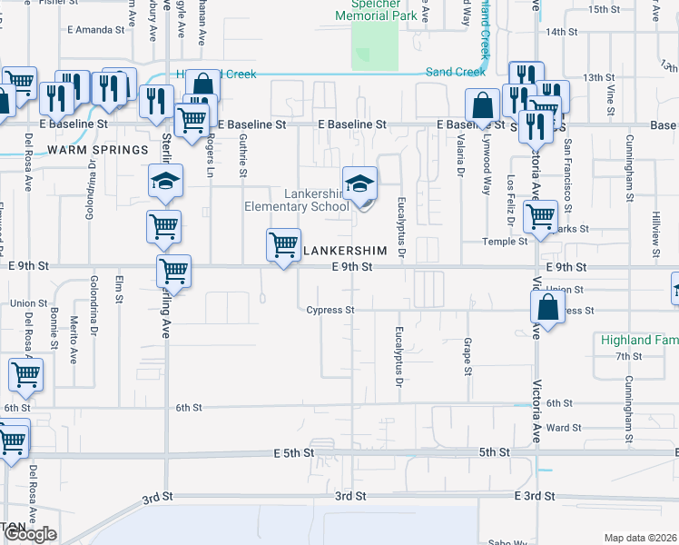 map of restaurants, bars, coffee shops, grocery stores, and more near 26079 East 9th Street in Highland
