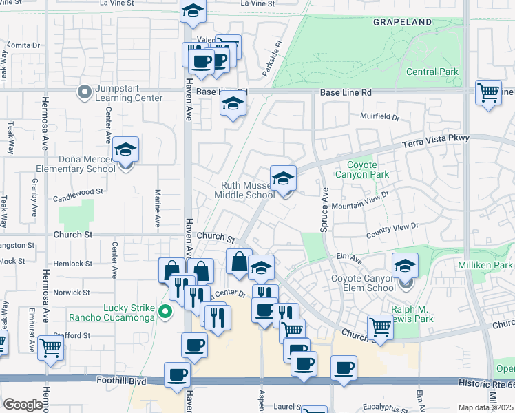 map of restaurants, bars, coffee shops, grocery stores, and more near 10720 Springfield Drive in Rancho Cucamonga