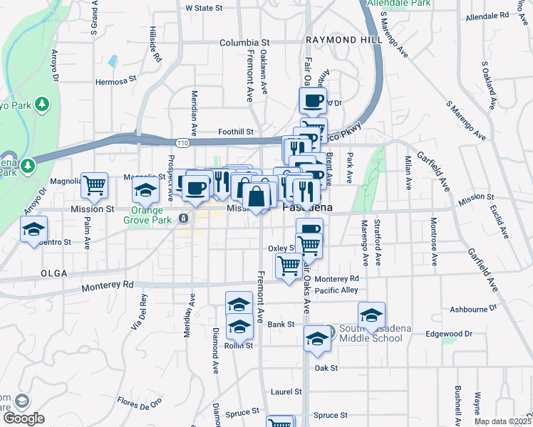 map of restaurants, bars, coffee shops, grocery stores, and more near 1401 Mission Street in South Pasadena