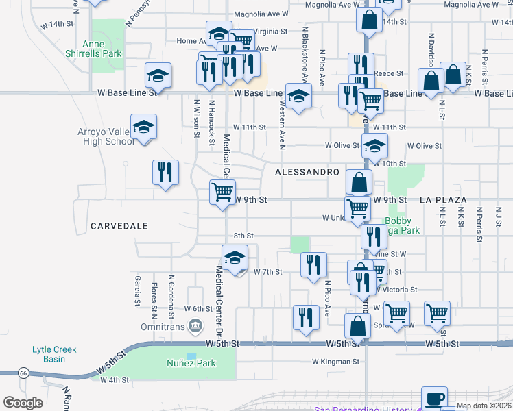 map of restaurants, bars, coffee shops, grocery stores, and more near 1561 West 9th Street in San Bernardino
