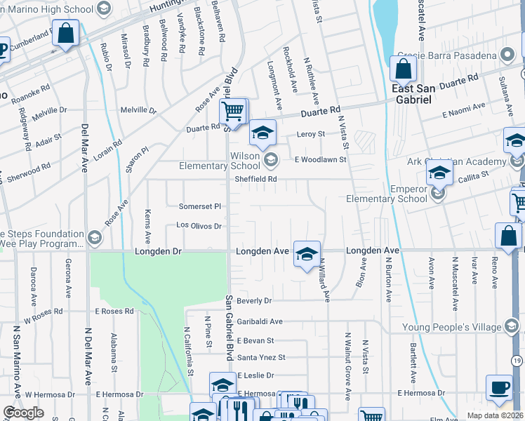 map of restaurants, bars, coffee shops, grocery stores, and more near 8258 Doris Avenue in San Gabriel