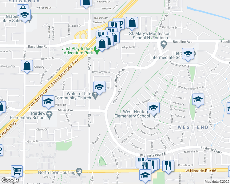 map of restaurants, bars, coffee shops, grocery stores, and more near West Liberty Parkway in Fontana