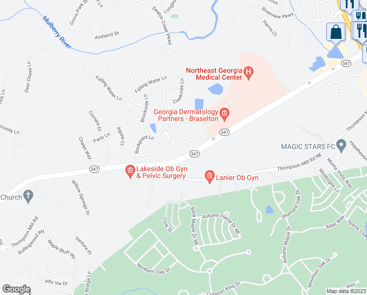 map of restaurants, bars, coffee shops, grocery stores, and more near 5960 Bellflower Way in Hoschton