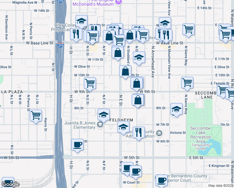 map of restaurants, bars, coffee shops, grocery stores, and more near in San Bernardino