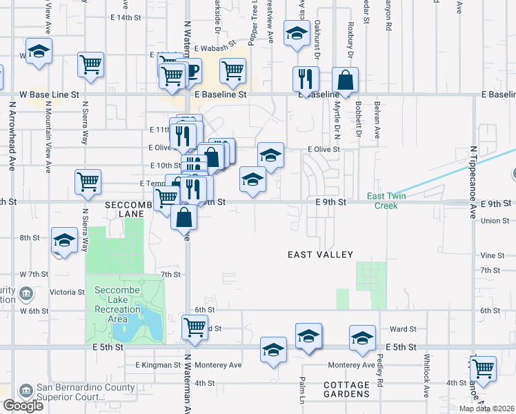 map of restaurants, bars, coffee shops, grocery stores, and more near 591 East 9th Street in San Bernardino