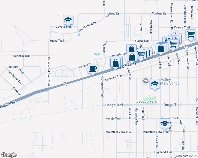 map of restaurants, bars, coffee shops, grocery stores, and more near 7500 Kickapoo Trail in Yucca Valley